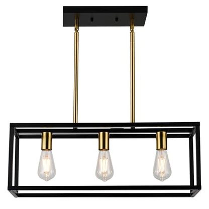 Farmhouse Kitchen Island Lighting, Modern Industrial Chandelier, 3-Light Black&Brushed Brass Linear Rectangular Pendant Light Fixtures for Farmhouse Kitchen Dining Room Bar Foyer - color: Black&Brass, size: 3 Lights