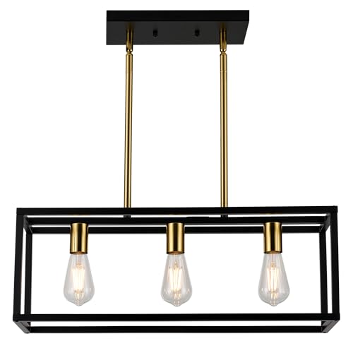 Farmhouse Kitchen Island Lighting, Modern Industrial Chandelier, 3-Light Black&Brushed Brass Linear Rectangular Pendant Light Fixtures for Farmhouse Kitchen Dining Room Bar Foyer - color: Black&Brass, size: 3 Lights