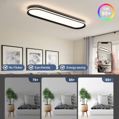 ADISUN Modern LED Ceiling Light Dimmable Linear Ceiling Light 31in Semi Flush Mount Long Lights with Remote Control and Side Lighting for Living Room Kitchen Dining Room (65W) - color: Black-1Pack, size: 31 Inch