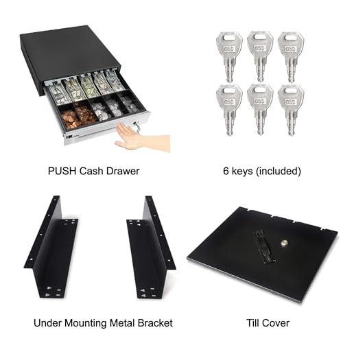 HK SYSTEMS 16" Heavy Duty Black"Push" Open Cash Drawer, 5B5C with Under Counter Mounting Metal Bracket and Till Cover - size: 01.16" PUSH+Bracket+Till Cover