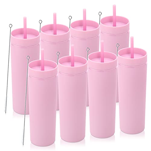 Volhoply 20oz Tumbler with Lid and Straw 8 Pack,Double Wall Clear Plastic Skinny Tumblers Bulk,Reusable Travel Cute Coffee Mug,Acrylic Water Cups With Straw Cleaner for Drinks,Party,Gifts(Pink,8 Set - color: Pink