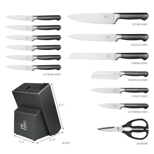 15-Piece Gray Kitchen Knife Set with Block and Sharpener, Dishwasher Safe - color: Gray