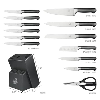 15-Piece Gray Kitchen Knife Set with Block and Sharpener, Dishwasher Safe - color: Gray