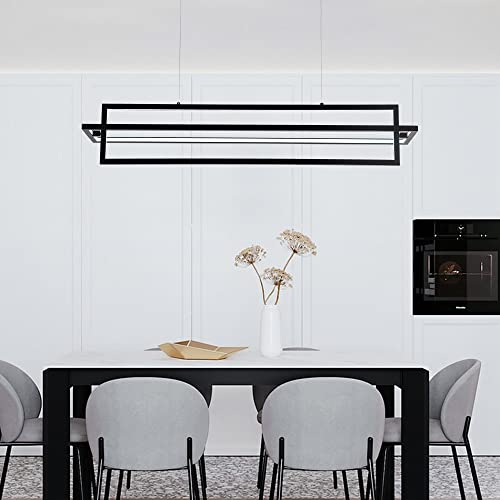 Modern LED Linear Rectangle Chandelier, Black, 35.4"