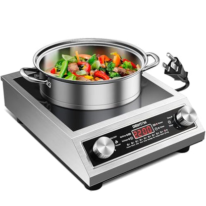 Induction Cooker, 2200W Commercial Induction Cooktop, Large Countertop Burner with 10 Cooking Functions & Dual IGBT for Safe Use, Portable Stainless Steel Hot Plate with 3 Hours Timer, 120V