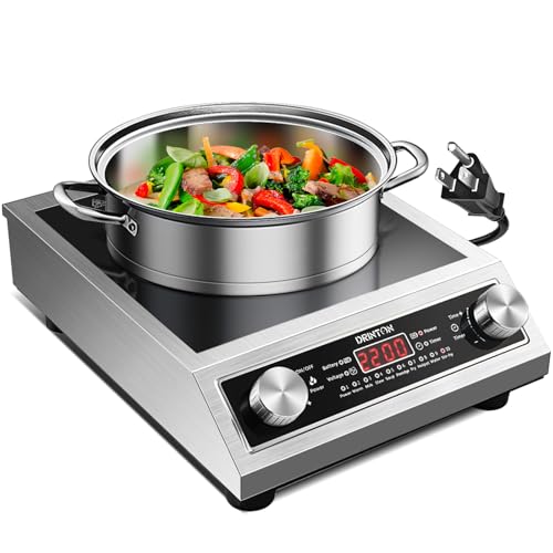 Induction Cooker, 2200W Commercial Induction Cooktop, Large Countertop Burner with 10 Cooking Functions & Dual IGBT for Safe Use, Portable Stainless Steel Hot Plate with 3 Hours Timer, 120V