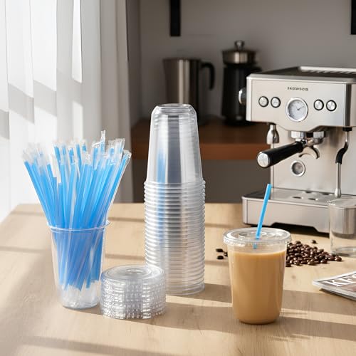 Ziliny 50 Pack 16 oz Plastic Cups with Lids Straws Iced Coffee, Blue - color: Blue, size: 16 oz