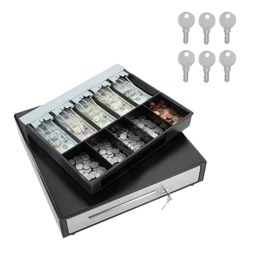HK SYSTEMS BSM 16inch Cash Drawer for POS, No Logo, Black, DC 24V/Micro Switch, RJ12, 1slot, Removable and Adjustable cash tray 5-bill/5-coin Metal wire gripper, 6Keys #135, Stainless Steel front - size: 1. POS CASH DRAWER