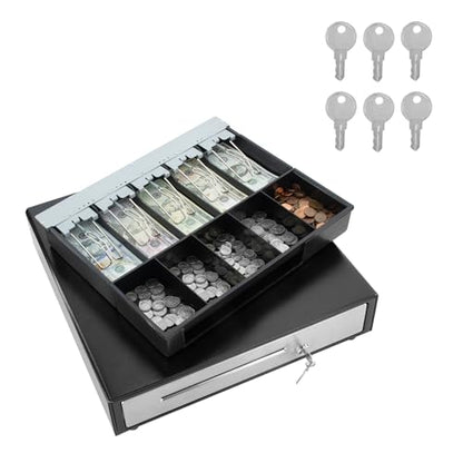 HK SYSTEMS BSM 16inch Cash Drawer for POS, No Logo, Black, DC 24V/Micro Switch, RJ12, 1slot, Removable and Adjustable cash tray 5-bill/5-coin Metal wire gripper, 6Keys #135, Stainless Steel front - size: 1. POS CASH DRAWER