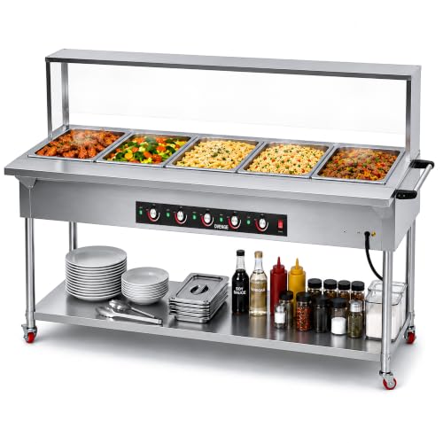 Steam Table, Commercial Food Warmer, 100QT 5-Pan, Dry Heat, Removable Work Table, Shield, 5 Independent Temperature Controls & Even Warming, 110V–120V, Undershelf & Locking Wheels - size: Dry Heat --100QT (110-120V)