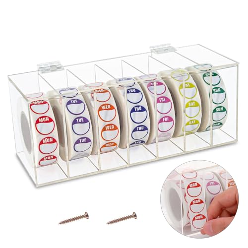 Acrylic Day of The Week Covered Label Dispenser 7-Slot Wall Mount Sticker Roll for 1",3/4" Stickers 1 Inch (No Label)