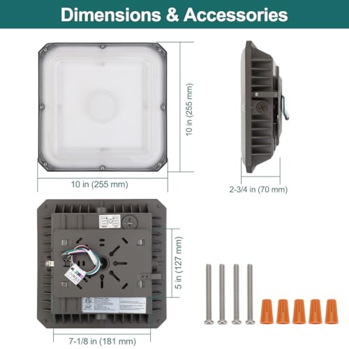 kadision 100W LED Canopy Light, 3-Level Selectable Wattage and CCT - size: 10" Square