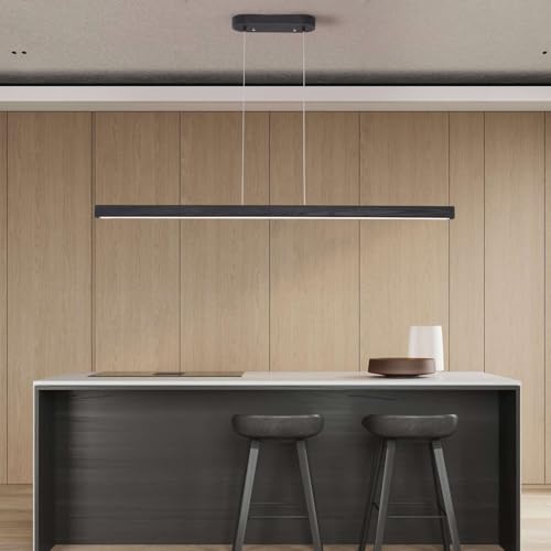 YISDESIGN 59'' LED Pendant Light 40W Dimmable with Remote Wood Linear Chandelier Island Light with Black Finish for Living Room Dining Room Billiard & Pool - color: Black, size: 59in