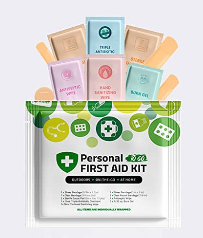 Personal First Aid Kit- 10 Pack | Clean, Treat, Protect Minor Cuts, Scrapes and Burns | Perfect for Home, Office, Car, School, Business, Camping | Individually Wrapped First Aid Products (Green)