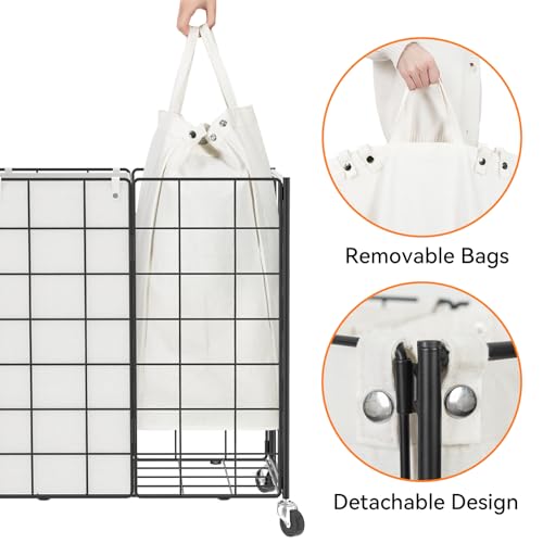 WOWLIVE Double Laundry Hamper with Wheels, Metal Rolling Laundry Basket - color: Black and White, size: 120l