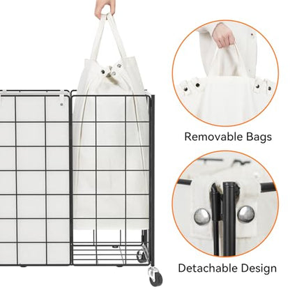 WOWLIVE Double Laundry Hamper with Wheels, Metal Rolling Laundry Basket - color: Black and White, size: 120l
