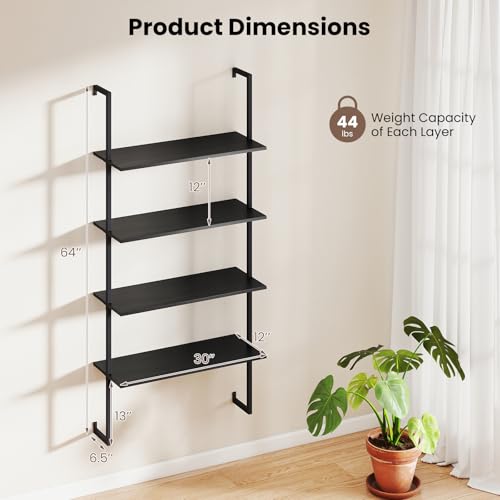 Tangkula 4-Tier Wall Mounted Bookshelf, Wood Ladder Shelf - color: Black