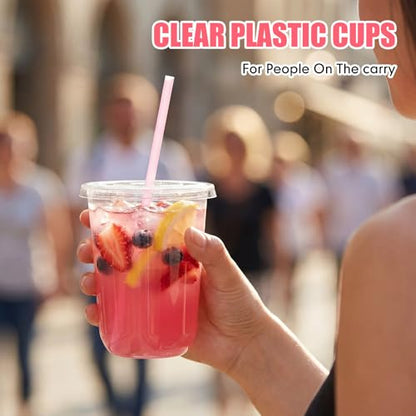 Ziliny 50 Pack 14 oz Plastic Cups with Lids Straws Iced Coffee, Pink - color: Pink, size: 14 oz