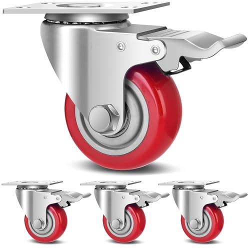 3 Inch Industrial Heavy Duty Swivel Caster Wheels with Brake,Set of 4 Safety Locking Casters,Load 1600lbs,Premium Polyurethane Wheels for Table,Trailer,Saw Table,Stage Toolbox,Bed,Corn Board - color: Red, size: 3inch