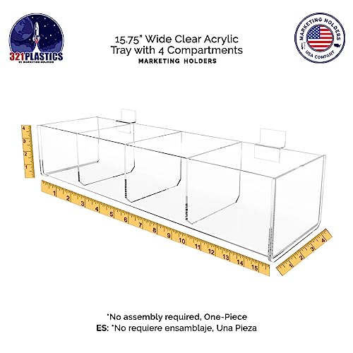 Marketing Holders 2 Pack Slatwall Acrylic Retail Tray Four Compartment Dump Bin Clear Product Merchandise Storage Caddy for Businesses POP Display - size: 15.75" Wide 4 Pocket