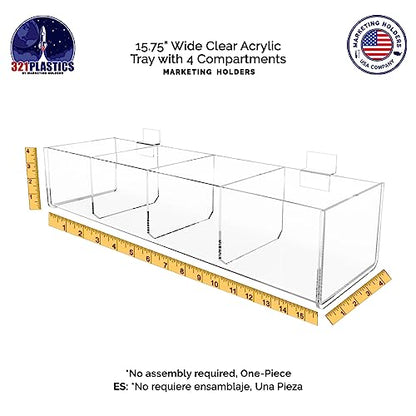 2 Pack Slatwall Acrylic Dump Bin Retail Tray Clear 4 Compartment Storage Container 15.75" Wide x 4.75" Deep by Marketing Holders - size: 4 Bin 15.75"