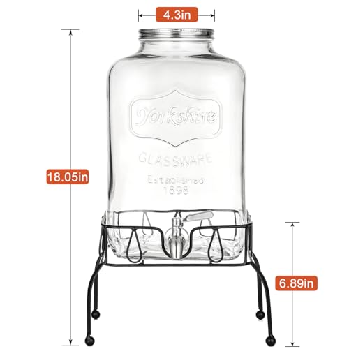 2 Gallon Glass Drink Dispenser with Stand, Stainless Steel Leakproof Spigot and Lid, Glass Drink Dispensers for Parties, Water Beverage Dispenser - size: 2 Gallon With Stand