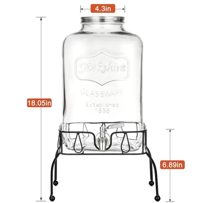 2 Gallon Glass Drink Dispenser with Stand, Stainless Steel Leakproof Spigot and Lid, Glass Drink Dispensers for Parties, Water Beverage Dispenser - size: 2 Gallon With Stand