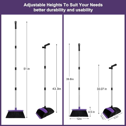 Broom with Dustpan Combo Set, 51" Household Dustpans and Broom, Standing Dust Pan Set for Home, Purple Cleaning Set for Kitchen Lobby Indoor Outdoor - color: Purple, size: Normal