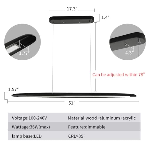 YISDESIGN 51" Wood Linear Pendant Light Black Linear Pendant Dinning Room Hanging Lights LED Dimmable Chandeliers 36w for Dining Room Pool Table Lights Kitchen Island Light Black - color: Black, size: 51in