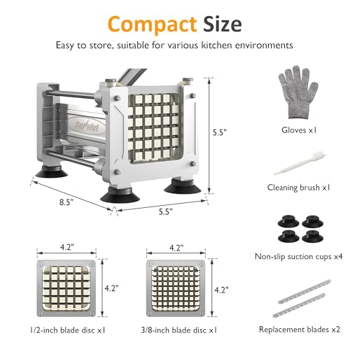 Sunvivi French Fry Cutter Stainless Steel Potato Slicer : with 2 Replaceable blades (1/2 & 3/8 Inch), Professional Fries Cutter for Potatoes, Carrots, Cucumber, Onion, Yam - size: Large-Hand-push