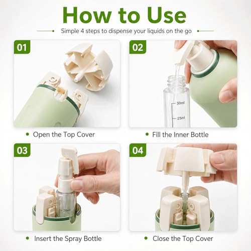 4 in 1 Travel Dispenser Bottle Four One Items Toiletry Containers Shampoo for Toiletries 4in -1 Soap 4-in-1 Leak Proof Rotatable Setpump Creams Sized TSA Refillable Lotion Cosmetic to Fill (White) - color: White