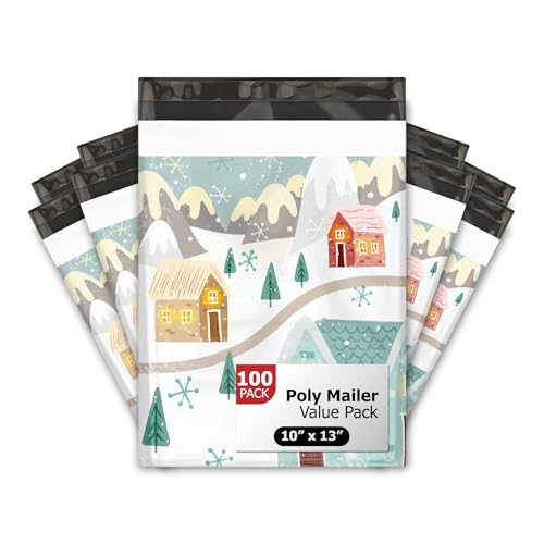 10x13 (100) Winter Village Christmas Designer Poly Mailers Self Sealing Waterproof Shipping Envelopes Holiday Premium Printed Bags For Small Businesses - color: Winter Village, size: 10x13