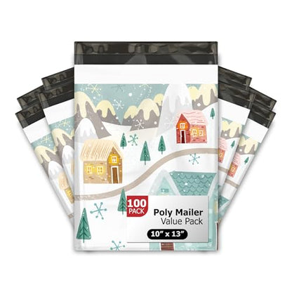 10x13 (100) Winter Village Christmas Designer Poly Mailers Self Sealing Waterproof Shipping Envelopes Holiday Premium Printed Bags For Small Businesses - color: Winter Village, size: 10x13