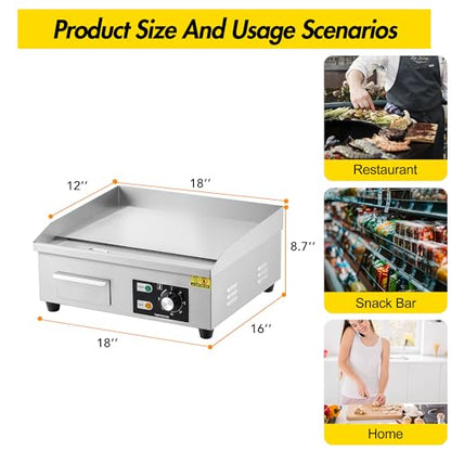 18 Inch 1600W Commercial Electric Griddle – Stainless Steel Flat Top Grill with 122-572°F Adjustable Temp, 2 Shovels & 2 Brushes, Countertop BBQ Teppanyaki Grill for Home & Restaurants - size: 12x18