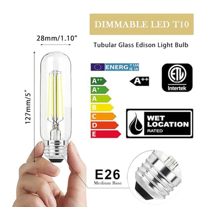 5 Inch Edison Bulb, 5000K Daylight White E26 Led Bulb 6W Dimmable, 800LM T10 T9 Clear Glass Tubular Light Bulbs, AC 120V Equal 80 Watt Bulbs for Chandelier Pendant Wall Light - 4Pack - size: 5 Inch 6W (4 Count)