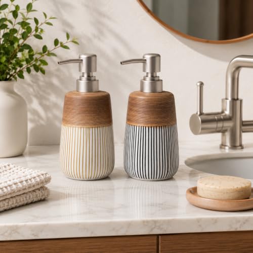 2 Pcs Ceramic Soap Dispenser Set, 16 Oz Refillable Liquid Soap Dispensers with Embossed Texture for Bathroom Countertop and Kitchen Sink, Hand Soap, Dish Soap & Lotion Bottles, Modern Home Decor - size: 2 Pcs x 16Oz Soap Dispenser