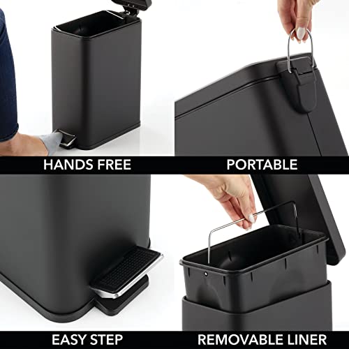 mDesign Pedal Bin — Waste Bin with Pedal, Lid and Plastic Bucket Insert for Bathroom, Kitchen, and Office — Metal Household Rubbish Bin with Ergonomic Design — Black - color: Black, size: 2.6 Gallon