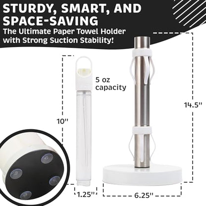 Stainless Steel Paper Towel Holder with Spray Pump – One-Handed Tear, Smart Traction System with Heavy Duty Suction Cups (White, Spray Pump) - color: White