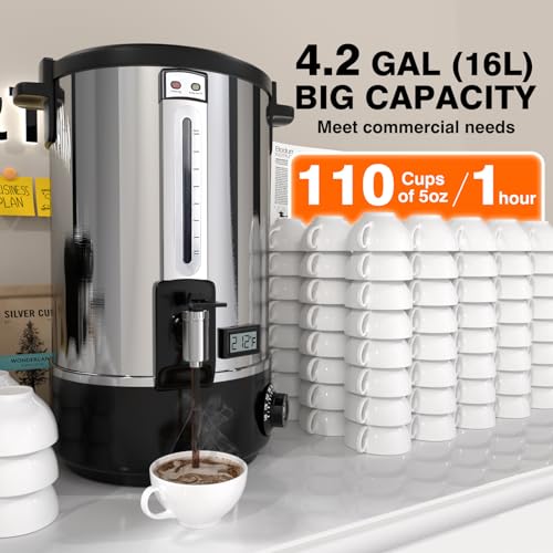 Commercial Coffee Urn, 110-Cup 16L Fast Brew Stainless Steel Hot Beverage Dispenser with Thermometer-Electric Hot Water Urn for Wedding, Party, Catering Events with Easy Cleaning(Double Wall)
