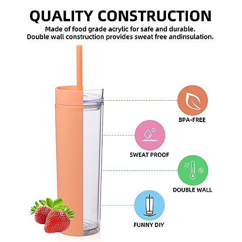 Volhoply 16oz Plastic Skinny Tumbler With Lid and Straw Bulk 4 Pack,Insulated Double Wall BPA Free Matte Acrylic Tumblers,Iced Coffee Travel Mug Reusable Party Cup,Customizable Diy Gifts(Orange,4 Set) - color: Orange