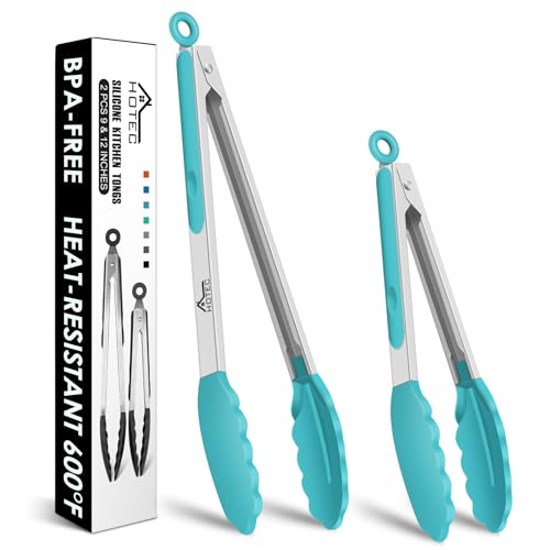 HOTEC Stainless Steel Kitchen Tongs with Silicone Tips, Set of 2-9" and 12" - color: Blue:12+9inch