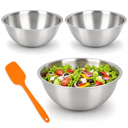 3 Pcs Stainless Steel Mixing Bowls (7.1") with Silicone Spatula, Metal Bowl Set with Measurement Marks, Reusable & Stackable Baking Food Storage Containers for Kitchen Salad Making, Meal Prep