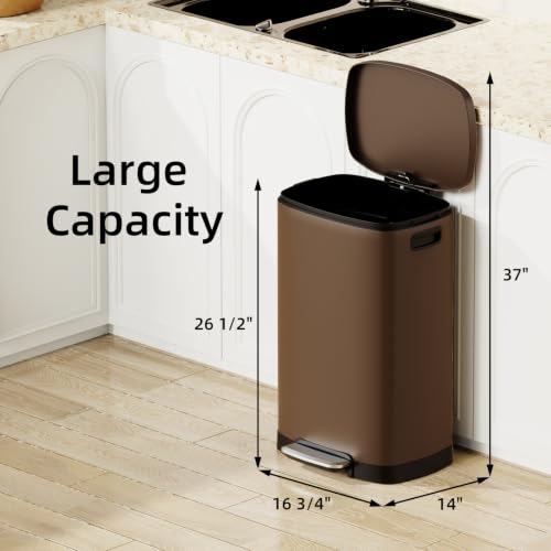 13 Gallon Stainless Steel Trash Can, 50L, Rectangular, Soft-Close Lid, Fingerproof Finish, Hands-Free Operation, Odor Protection,Brown - color: Brown