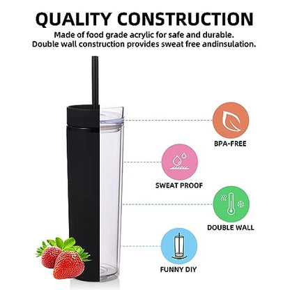 Volhoply 16oz Plastic Skinny Tumbler with Lid and Straw Bulk 4 Pack,Insulated Double Wall BPA Free Matte Acrylic Tumblers,Iced Coffee Travel Mug Reusable Party Cup,Customizable Diy Gifts(Black,4 Set) - color: Black