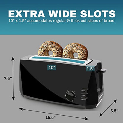 Elite Gourmet 4-Slice Long Slot Toaster, Extra-Wide Slots, 6 Toast Settings - color: Black
