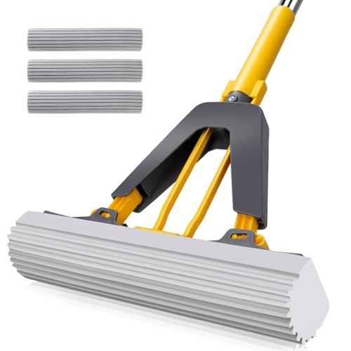 Masthome PVA Sponge Mops for Floor Cleaning with 3 Squeeze Mop Heads - color: Yellow
