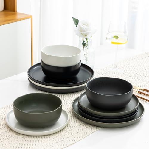 AmorArc Stoneware Dinnerware Sets for 4,12Pcs Ceramic Plates and Bowls Sets - color: Mix Color, size: Service for 4