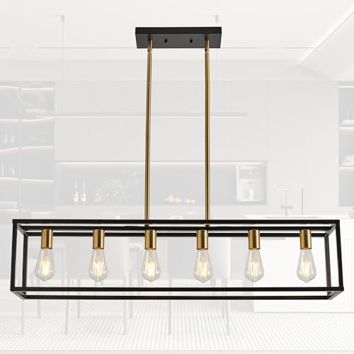 Rectangle Chandeliers Kitchen Light Fixtures Farmhouse Dining Room Light for Dining Rooms,Black&Brushed Brass Light Fixture Matte 6-Light Industrial Pendant Lighting - color: Black&Brass, size: 6 Lights