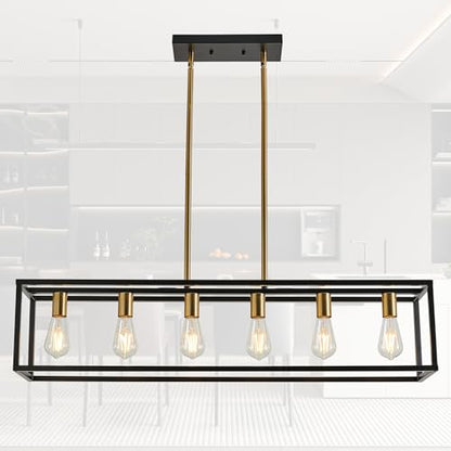 Rectangle Chandeliers Kitchen Light Fixtures Farmhouse Dining Room Light for Dining Rooms,Black&Brushed Brass Light Fixture Matte 6-Light Industrial Pendant Lighting - color: Black&Brass, size: 6 Lights