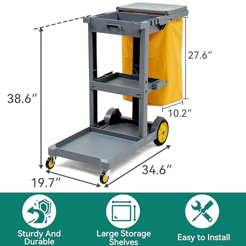 YITAHOME 3-Shelf Cleaning Carts on Wheels, Grey Janitorial Cart - color: Gray